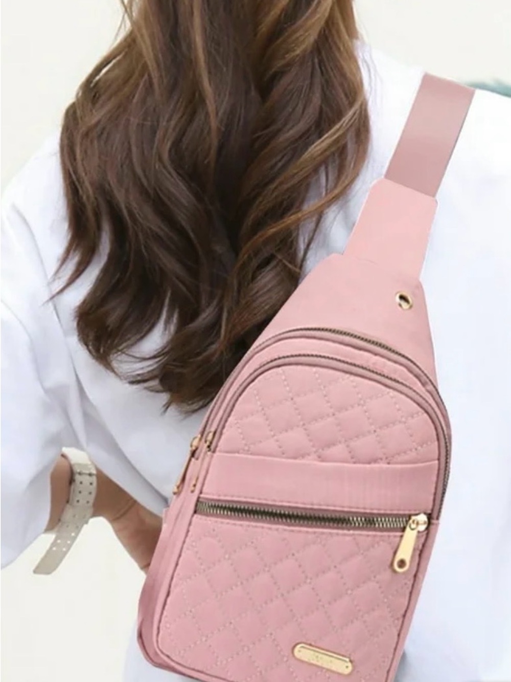 Holloyiver Casual Nylon Sling Backpack Quilted CrossBody Bag Pink New with Tags